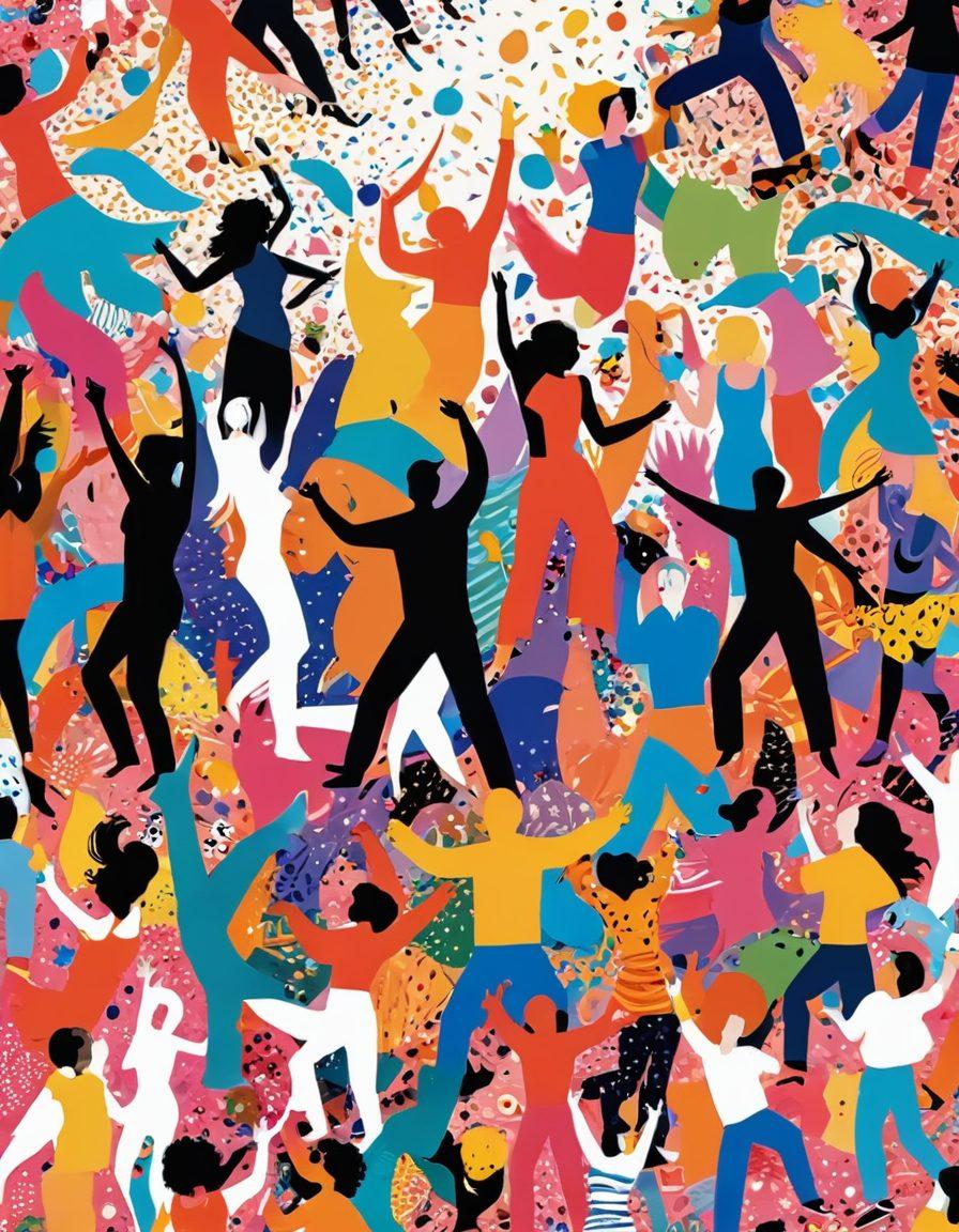 A whimsical and colorful collage depicting various forms of adult entertainment, featuring playful illustrations of live performances, vibrant nightlife, and laughter-filled gatherings. Incorporate elements that symbolize joy and pleasure, like confetti, sparkling lights, and diverse groups of joyful people enjoying their time together. The setting should be lively and inviting, evoking a sense of fun and exploration. cartoon style. bright colors. energetic vibe.